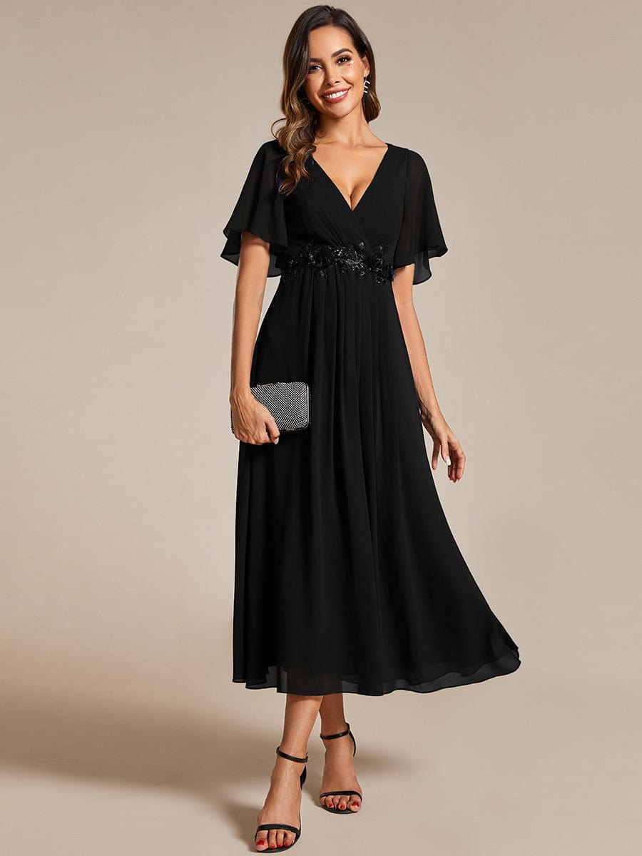 V-Neck Chiffon Midi Wedding Guest Dress with Waist Applique