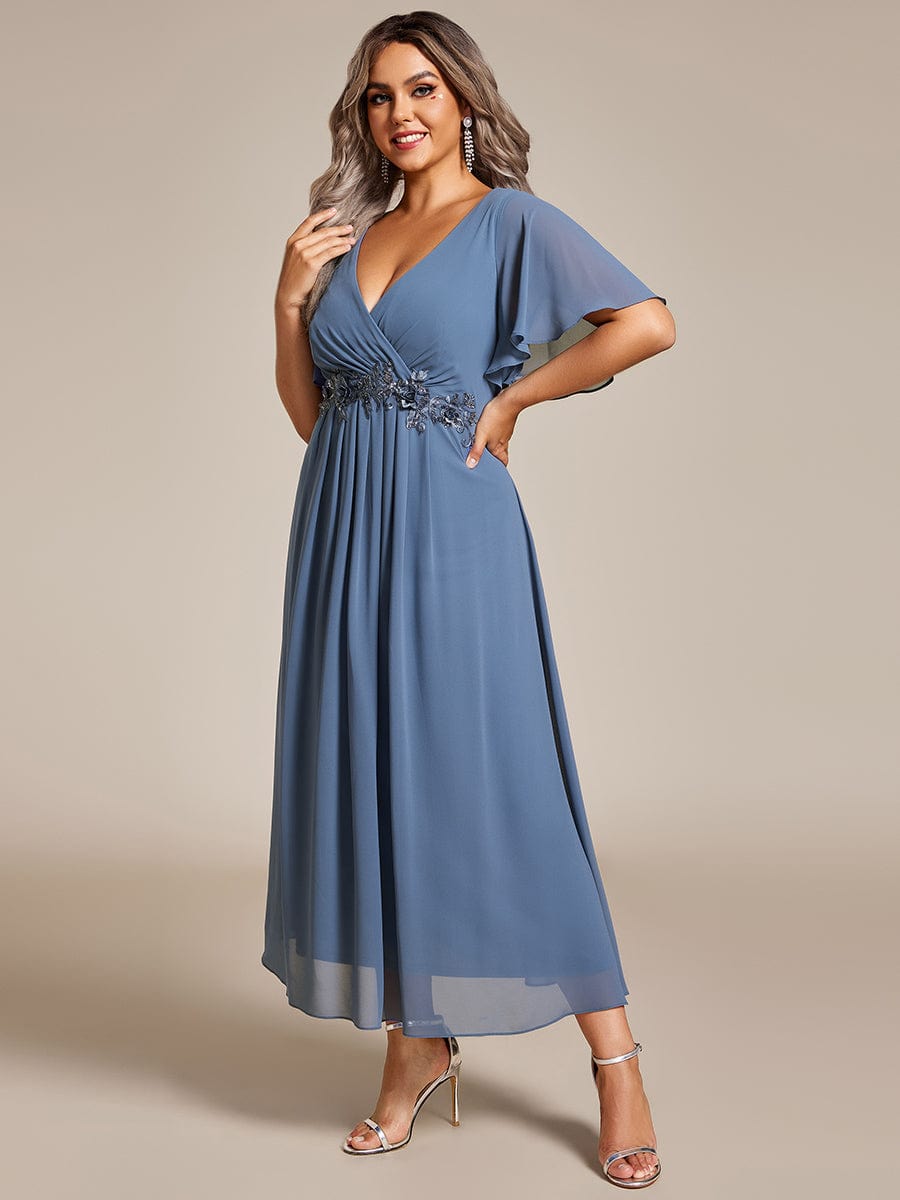 V-Neck Chiffon Midi Wedding Guest Dress with Waist Applique