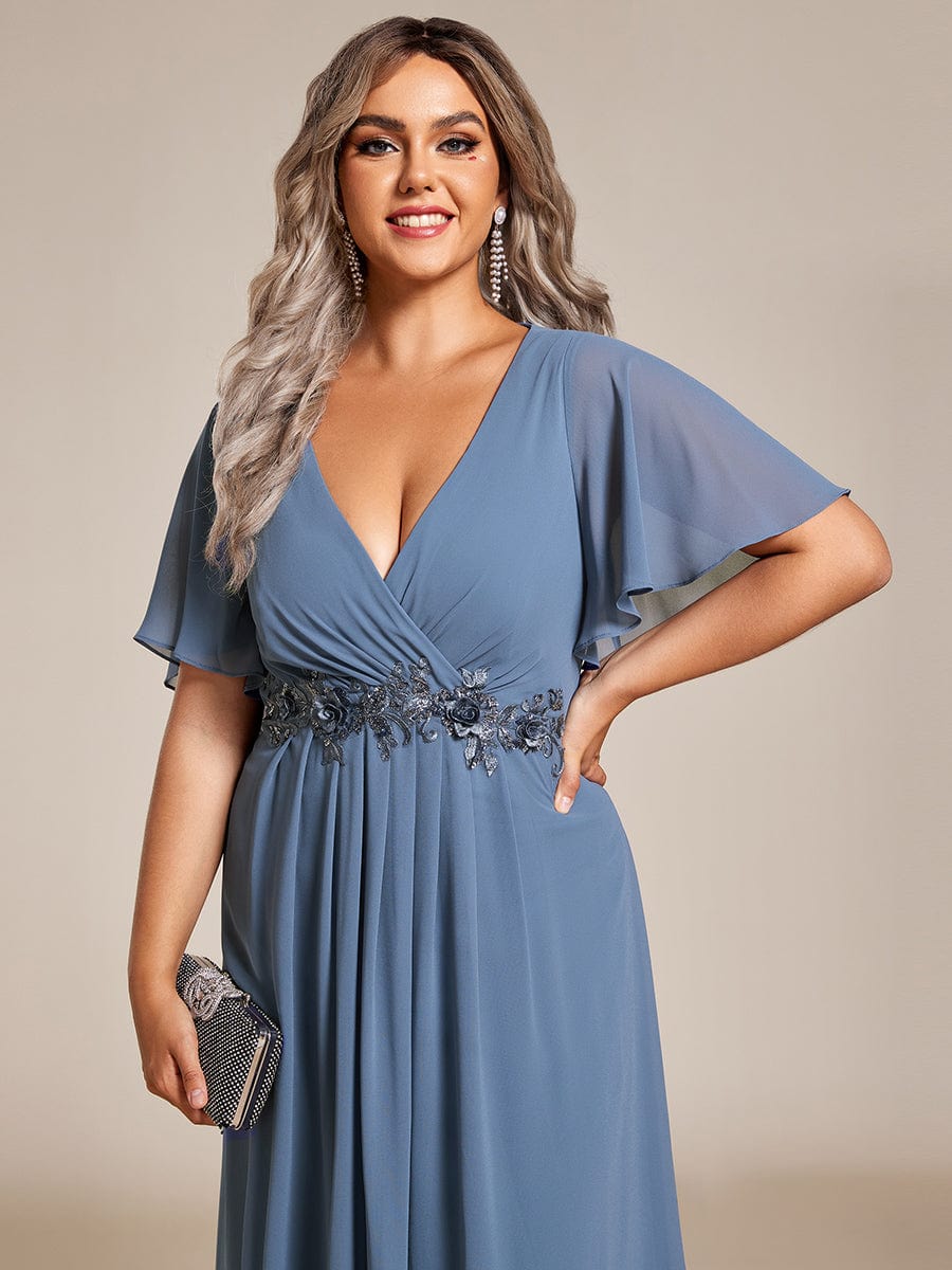 V-Neck Chiffon Midi Wedding Guest Dress with Waist Applique