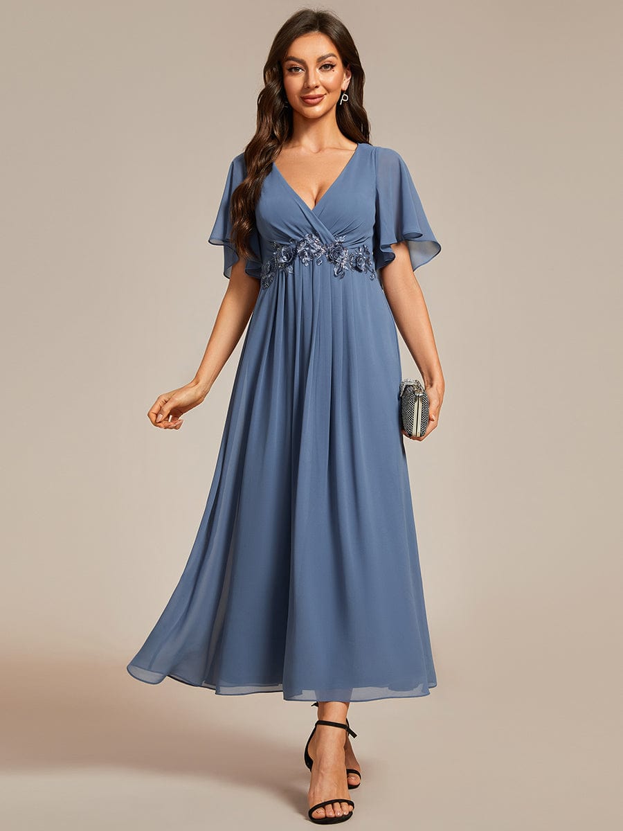 V-Neck Chiffon Midi Wedding Guest Dress with Waist Applique