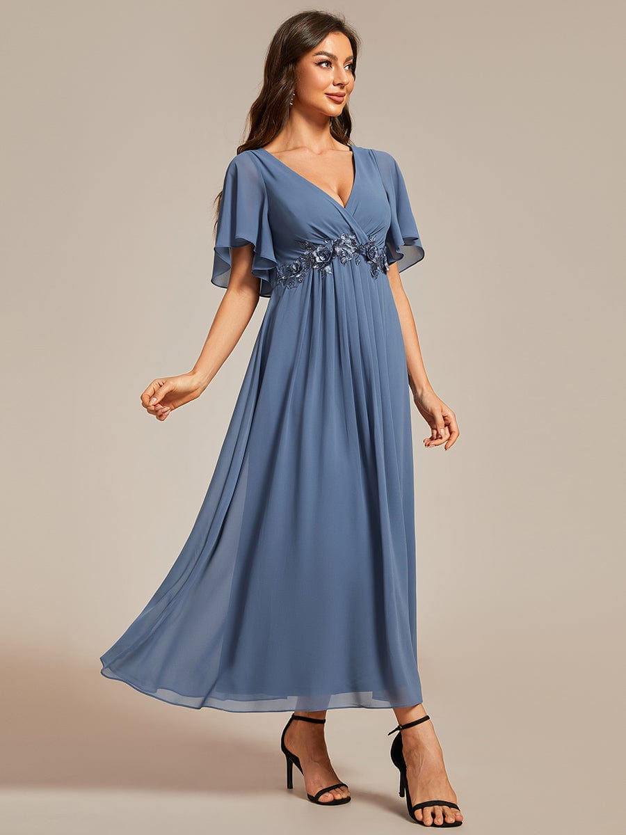 V-Neck Chiffon Midi Wedding Guest Dress with Waist Applique