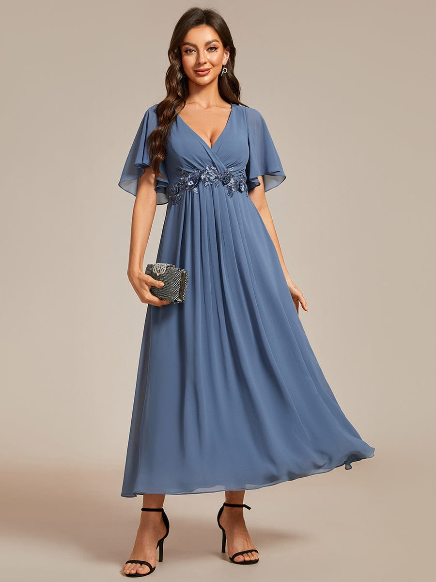 V-Neck Chiffon Midi Wedding Guest Dress with Waist Applique