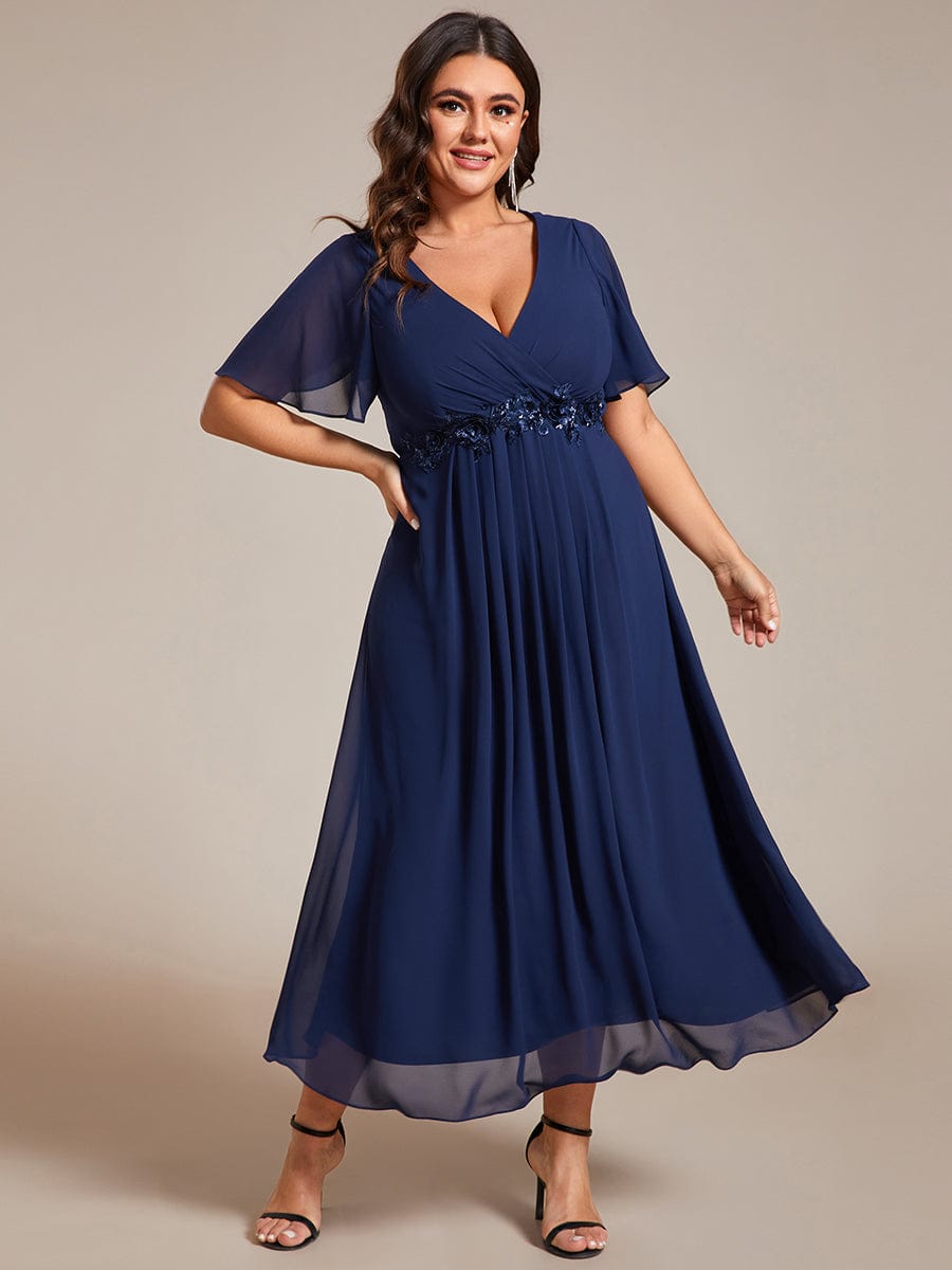 Plus Size V-Neck Chiffon Midi Wedding Guest Dress with Waist Applique