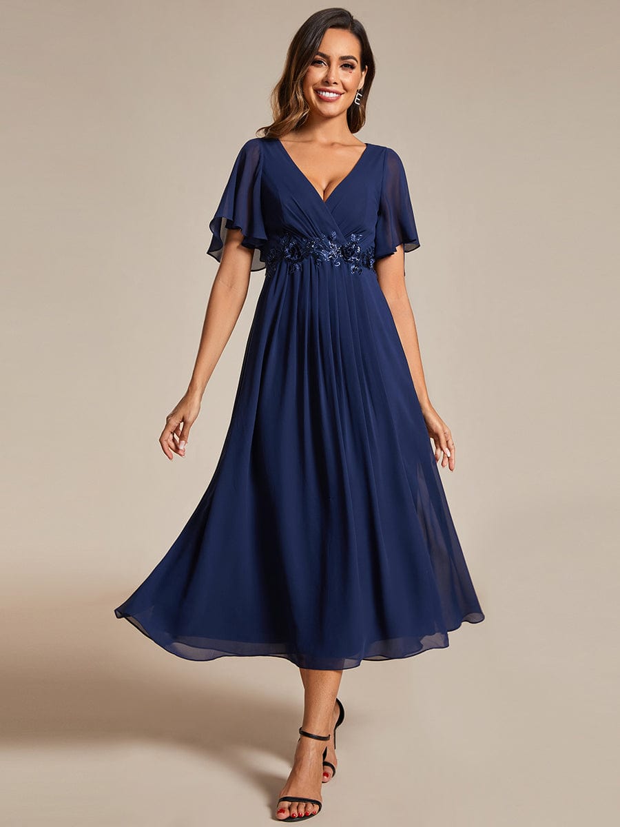 V-Neck Chiffon Midi Wedding Guest Dress with Waist Applique