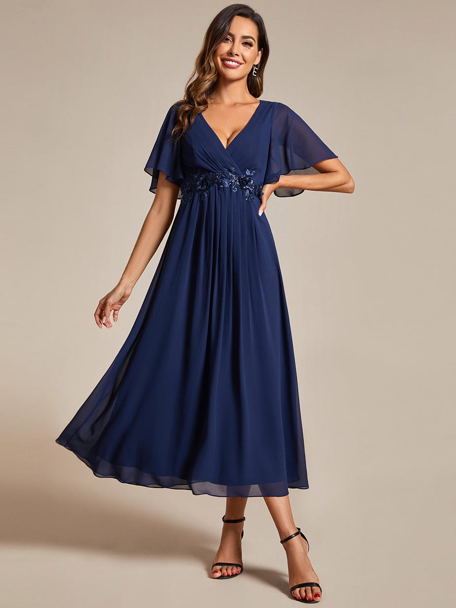 V-Neck Chiffon Midi Wedding Guest Dress with Waist Applique