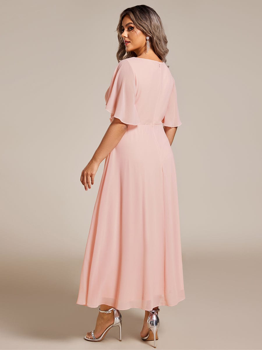 V-Neck Chiffon Midi Wedding Guest Dress with Waist Applique