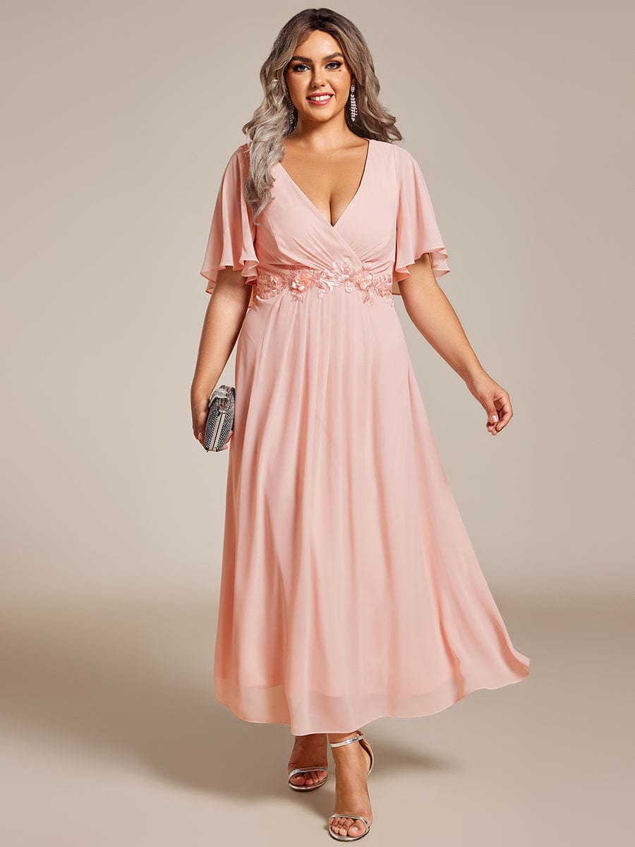 V-Neck Chiffon Midi Wedding Guest Dress with Waist Applique