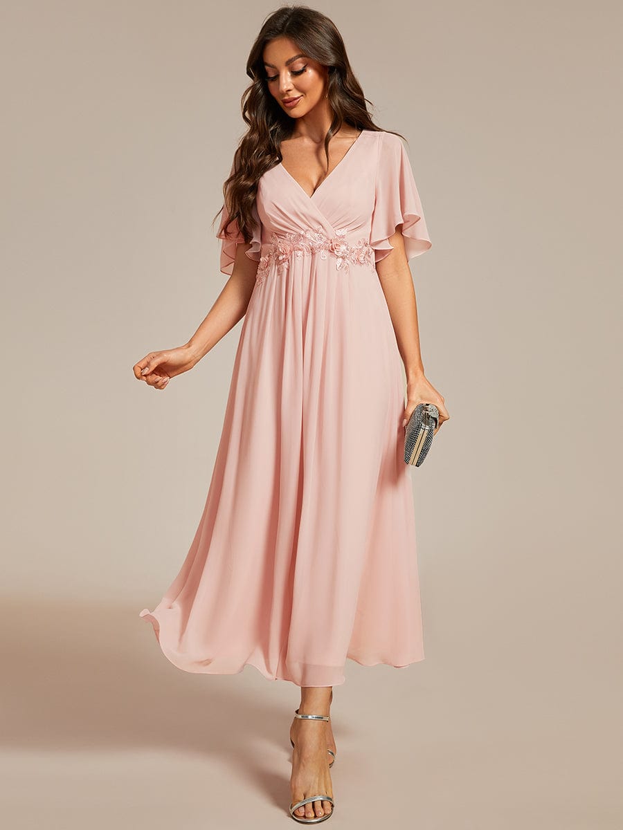 V-Neck Chiffon Midi Wedding Guest Dress with Waist Applique