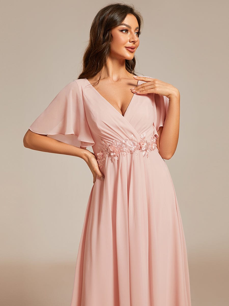 V-Neck Chiffon Midi Wedding Guest Dress with Waist Applique