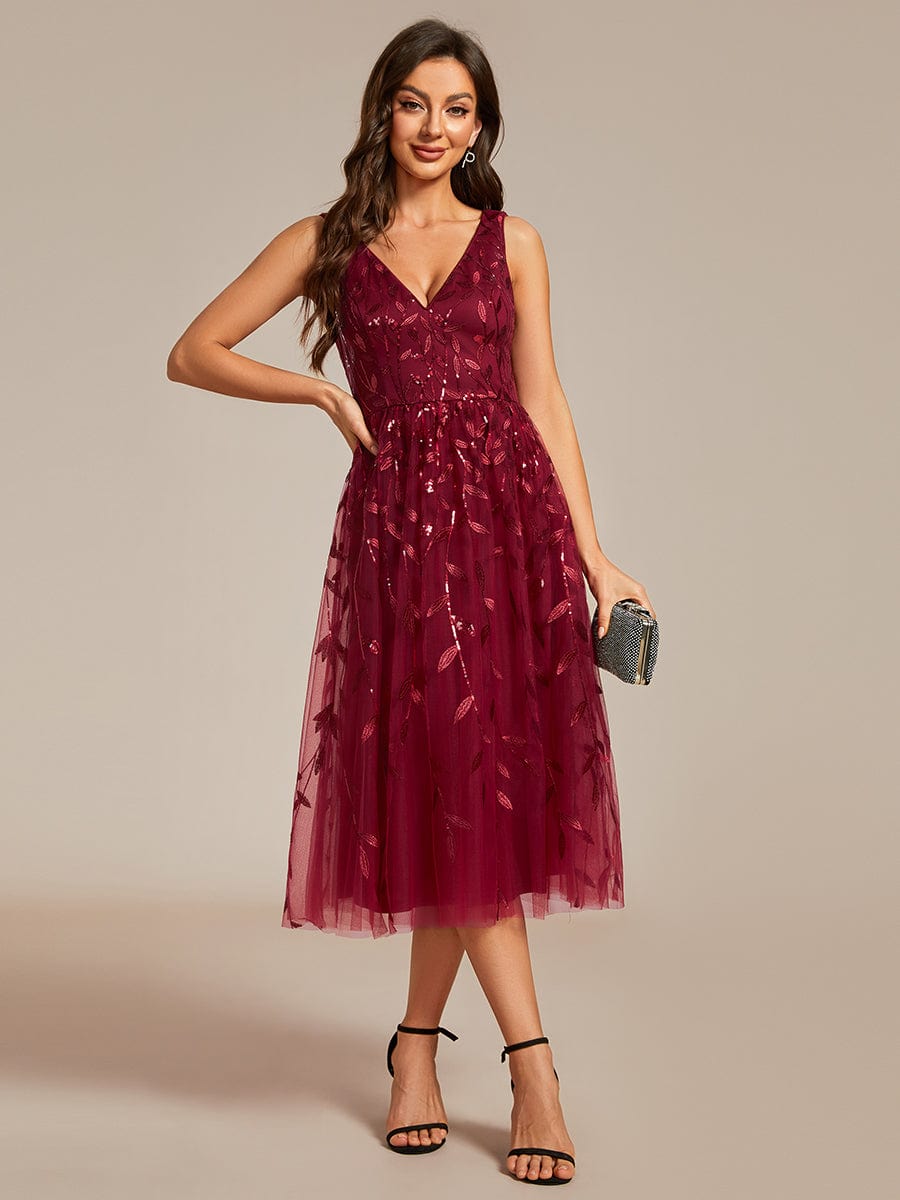 Sequined V-Neck A-Line Midi Wedding Guest Dress with Sleeveless