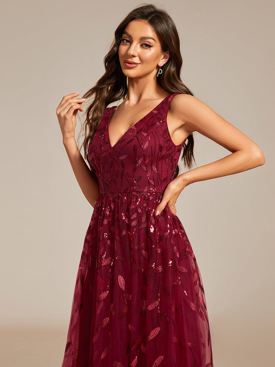 Sequined V-Neck A-Line Midi Wedding Guest Dress with Sleeveless