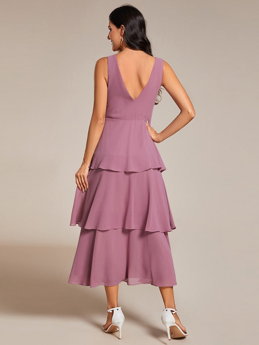 Layered hem V-Neck Sleeveless A-Line Chiffon Wedding Guest Dress