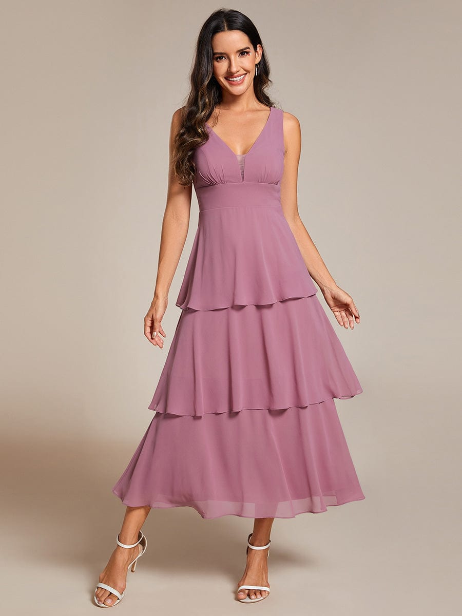 Layered hem V-Neck Sleeveless A-Line Chiffon Wedding Guest Dress