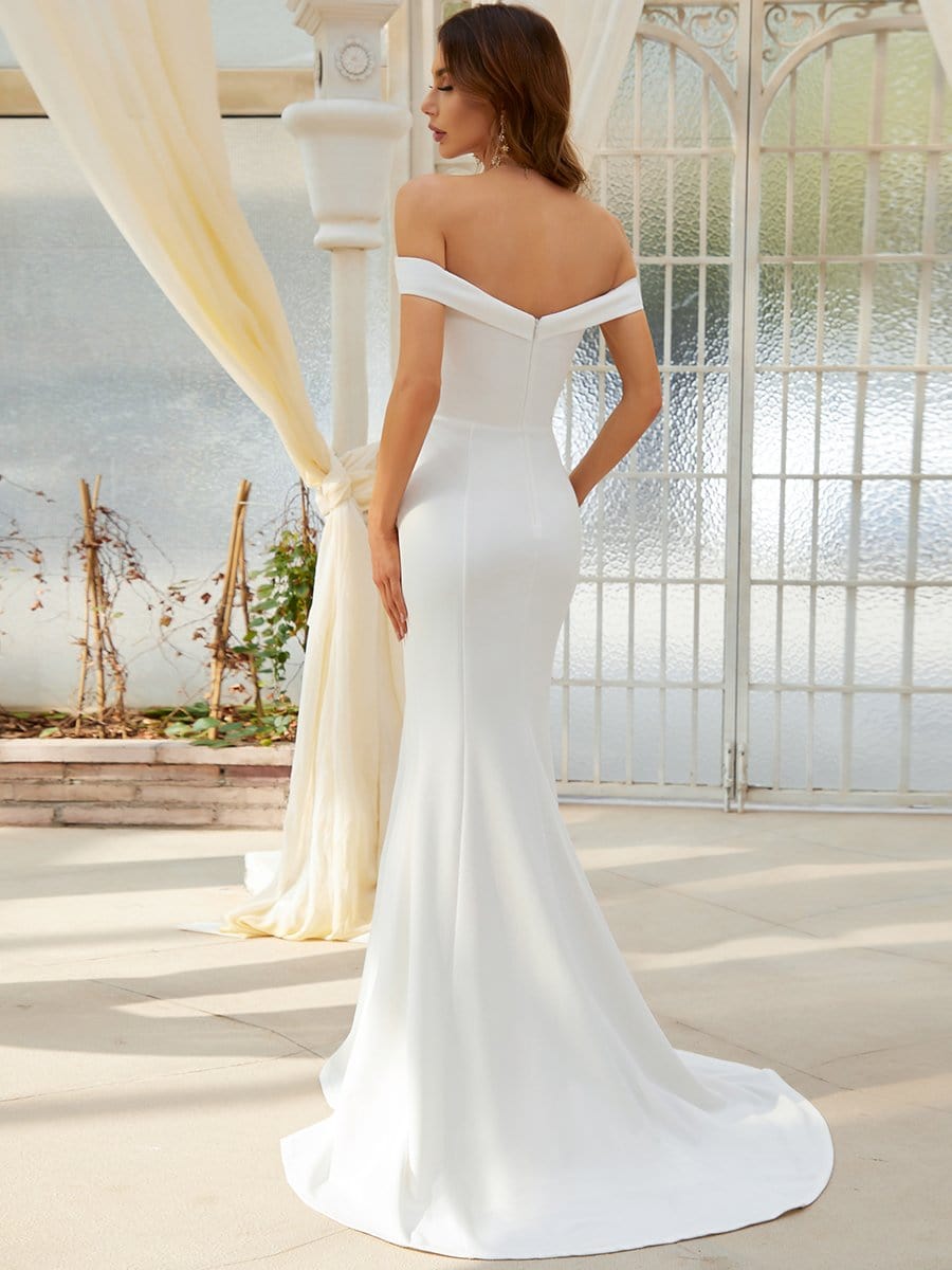 Color=Cream |Plain Solid Color Off Shoulder Mermaid Wedding Dress-Cream 2