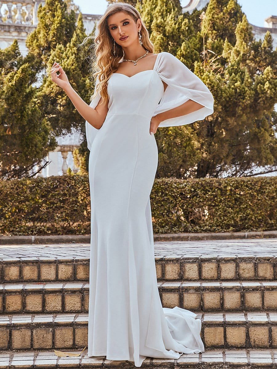 Color=Cream | Swag-Sleeves V Neck Floor Length Fishtail Wedding Dress-Cream 2