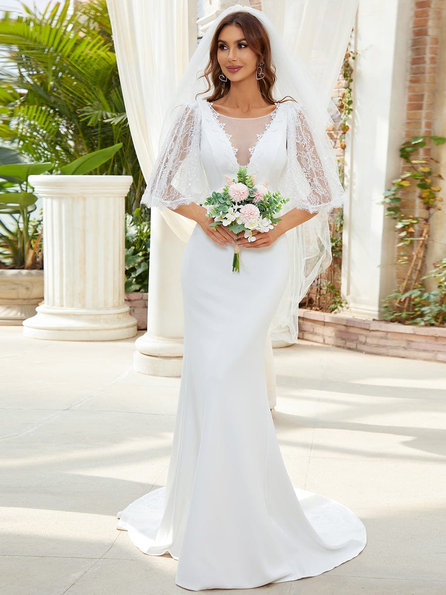 Color=White | Lace Bell Sleeve Deep V Mermaid Wedding Dress-White 1