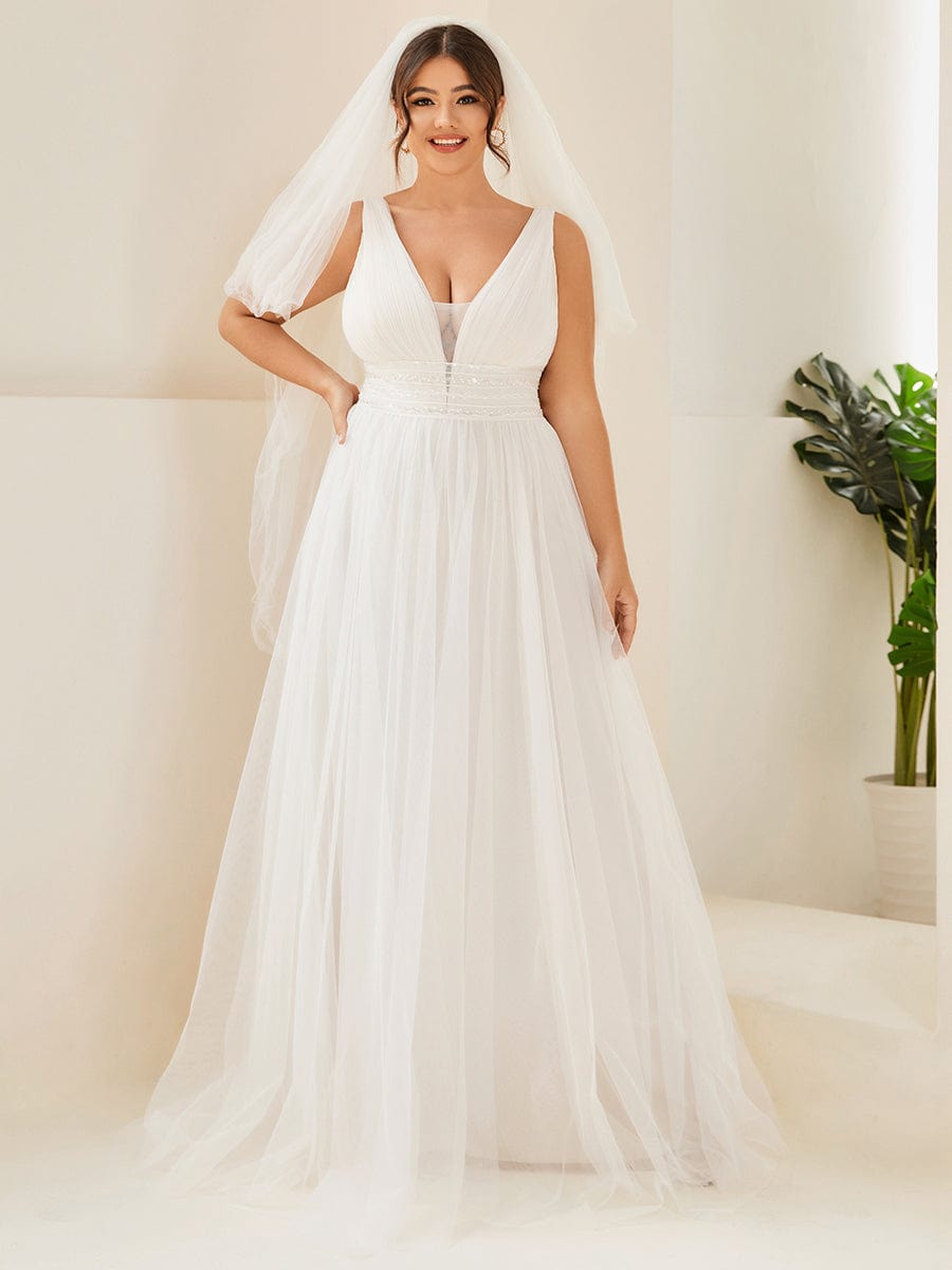 Sleeveless Deep V Low Back Long Wedding Dress