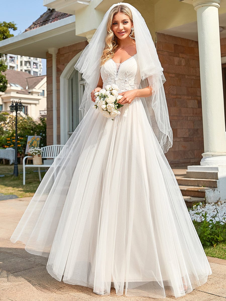 Spaghetti Strap Embroidered V-neck A-line Wedding Dress