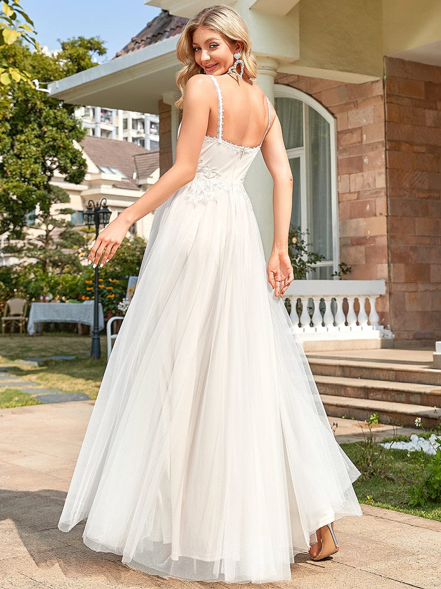 Spaghetti Strap Embroidered V-neck A-line Wedding Dress