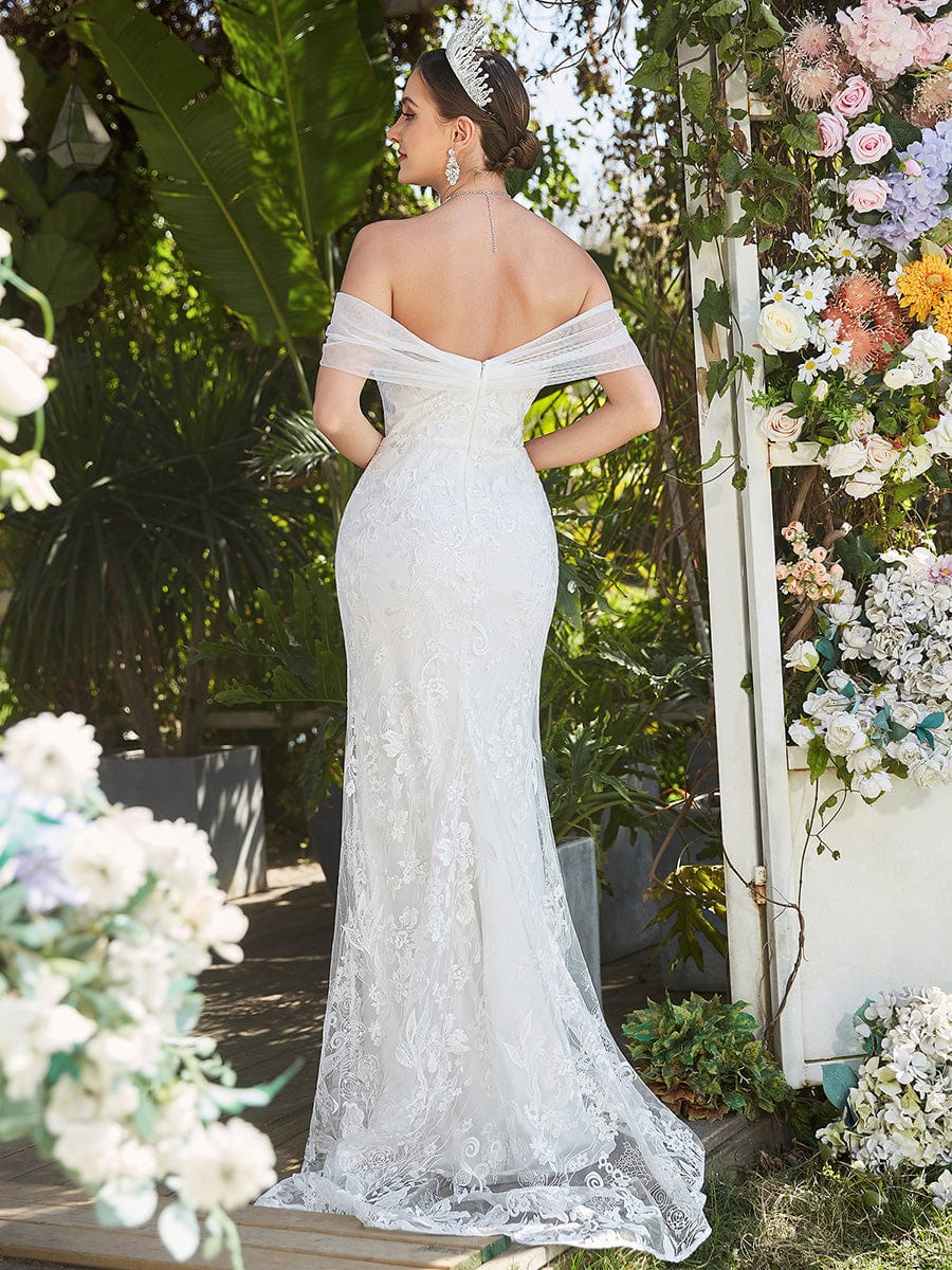 Color=White | Flower Lace Illusion Lover Off-Shoulder Fishtail Bridal gown-White 2