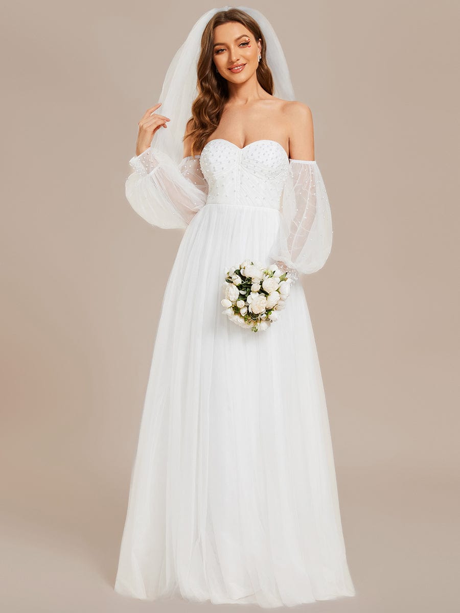 Pearl-Adorned Strapless Tulle Floor-Length Wedding Dress