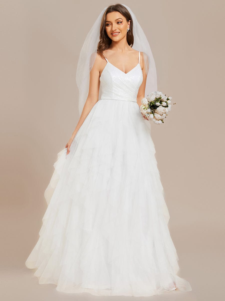 Sparkling V-Neck Spaghetti Straps Tulle Wedding Dress