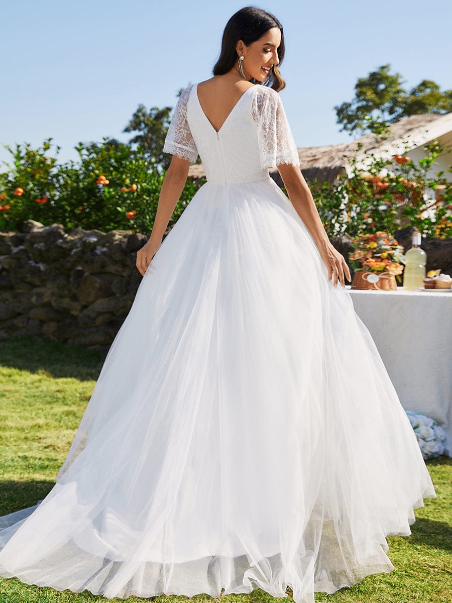 V-Neck Lace Tulle Wedding Dresses with Ruffled Sleeves