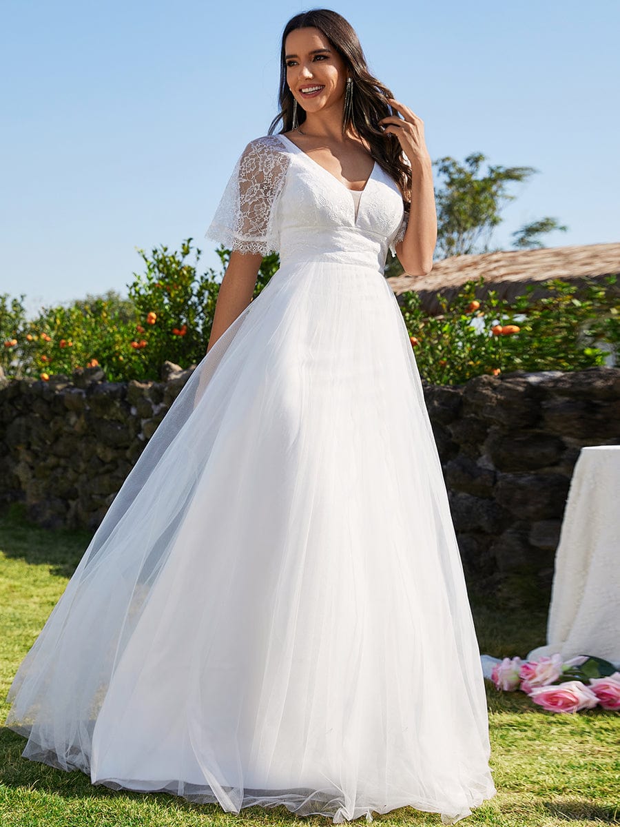 V-Neck Lace Tulle Wedding Dresses with Ruffled Sleeves