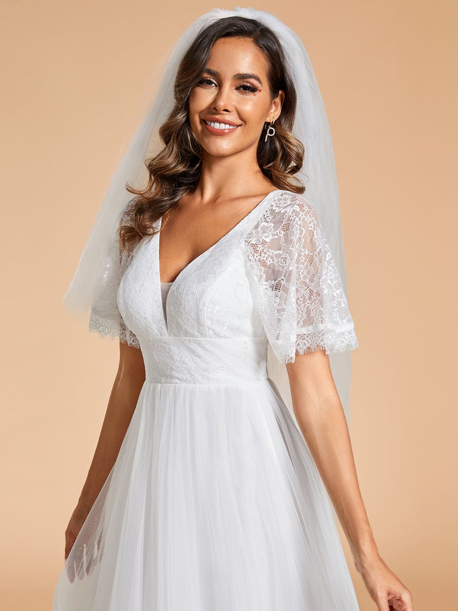 V-Neck Lace Tulle Wedding Dresses with Ruffled Sleeves