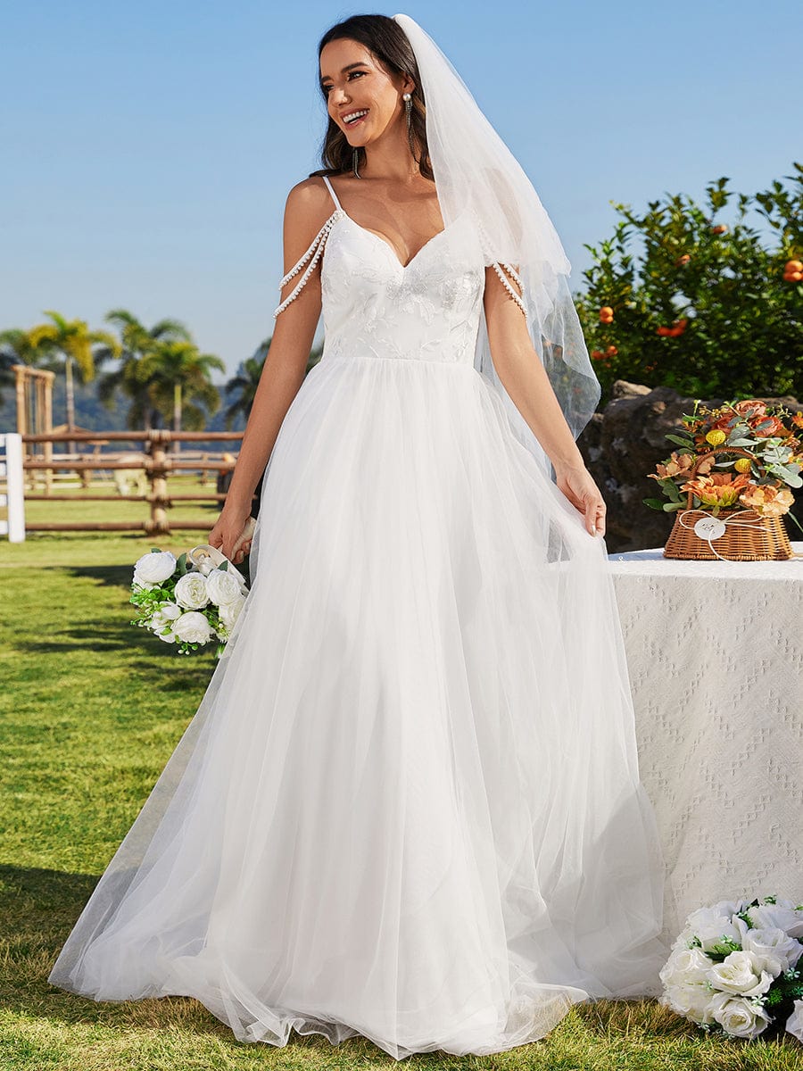 Pearl shoulder strap V-Neck Embroidered Wedding Dress with A-Line