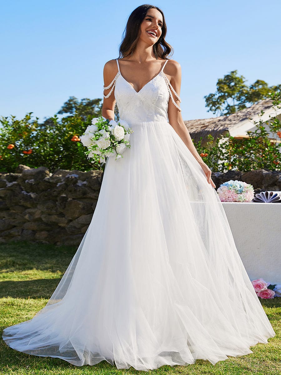 Pearl shoulder strap V-Neck Embroidered Wedding Dress with A-Line