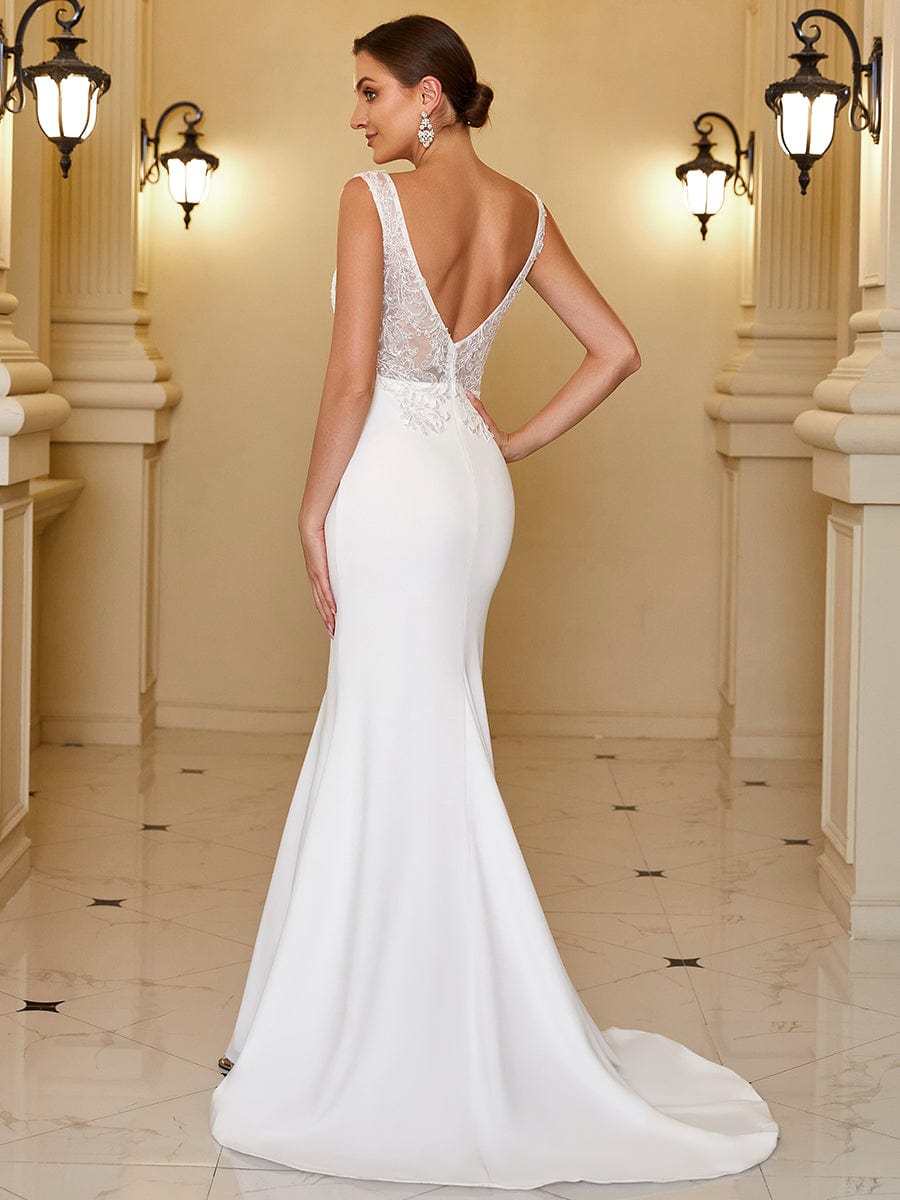 Color=White | Lace Plunging V-Back Sleeveless Bodycon Fishtail Wedding Dress-White 2