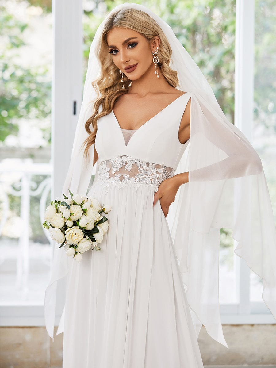 Deep V Neck Applique Long Split  Wedding Dress