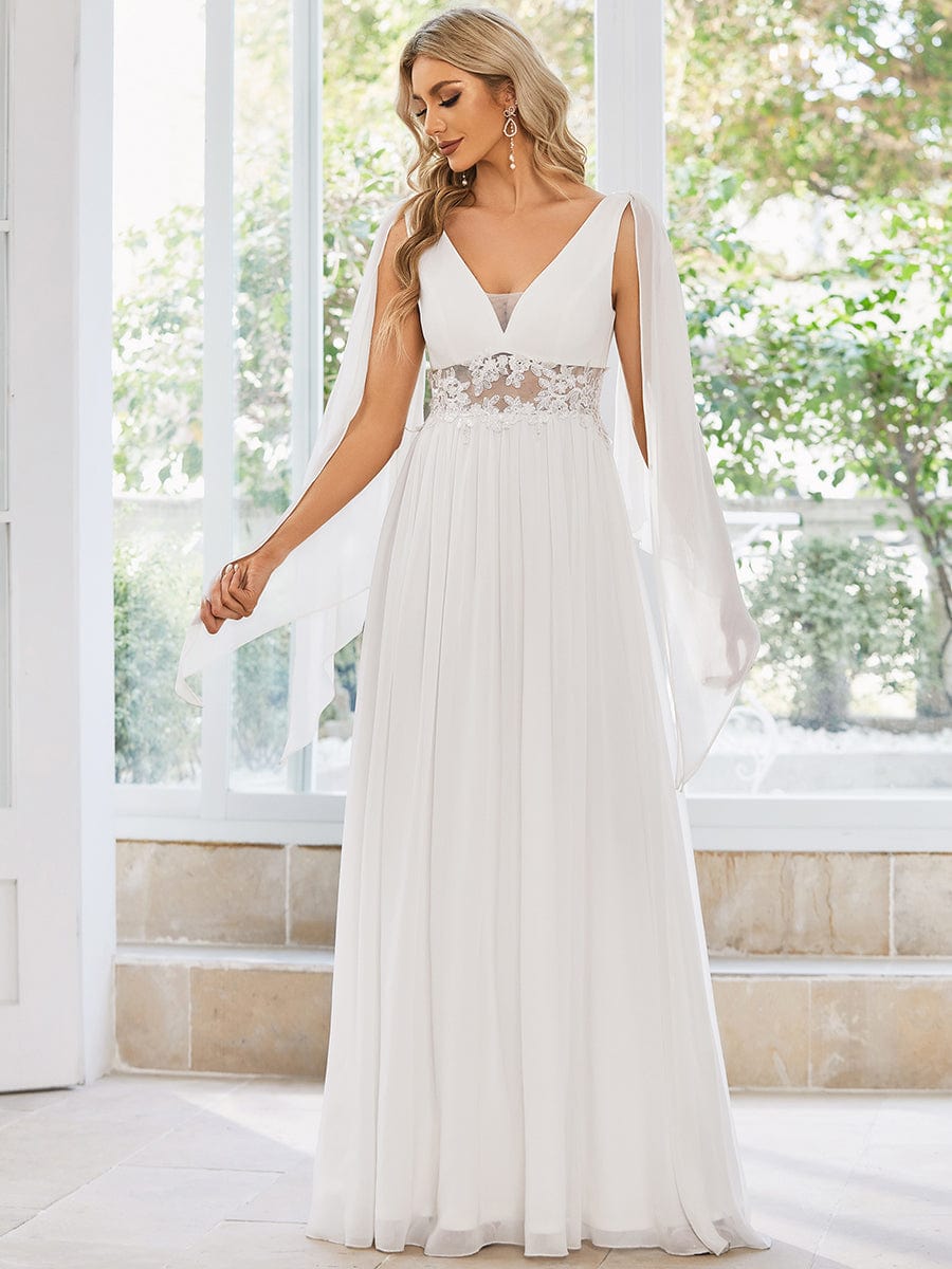 Deep V Neck Applique Long Split  Wedding Dress