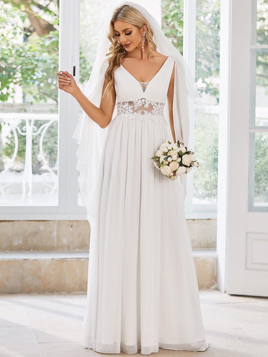 Deep V Neck Applique Long Split  Wedding Dress