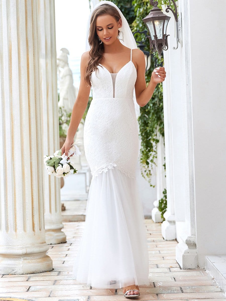 Color=Cream | Deep V Neck Embroidered Spaghetti Strap Mermaid Wedding Dress-Cream 1