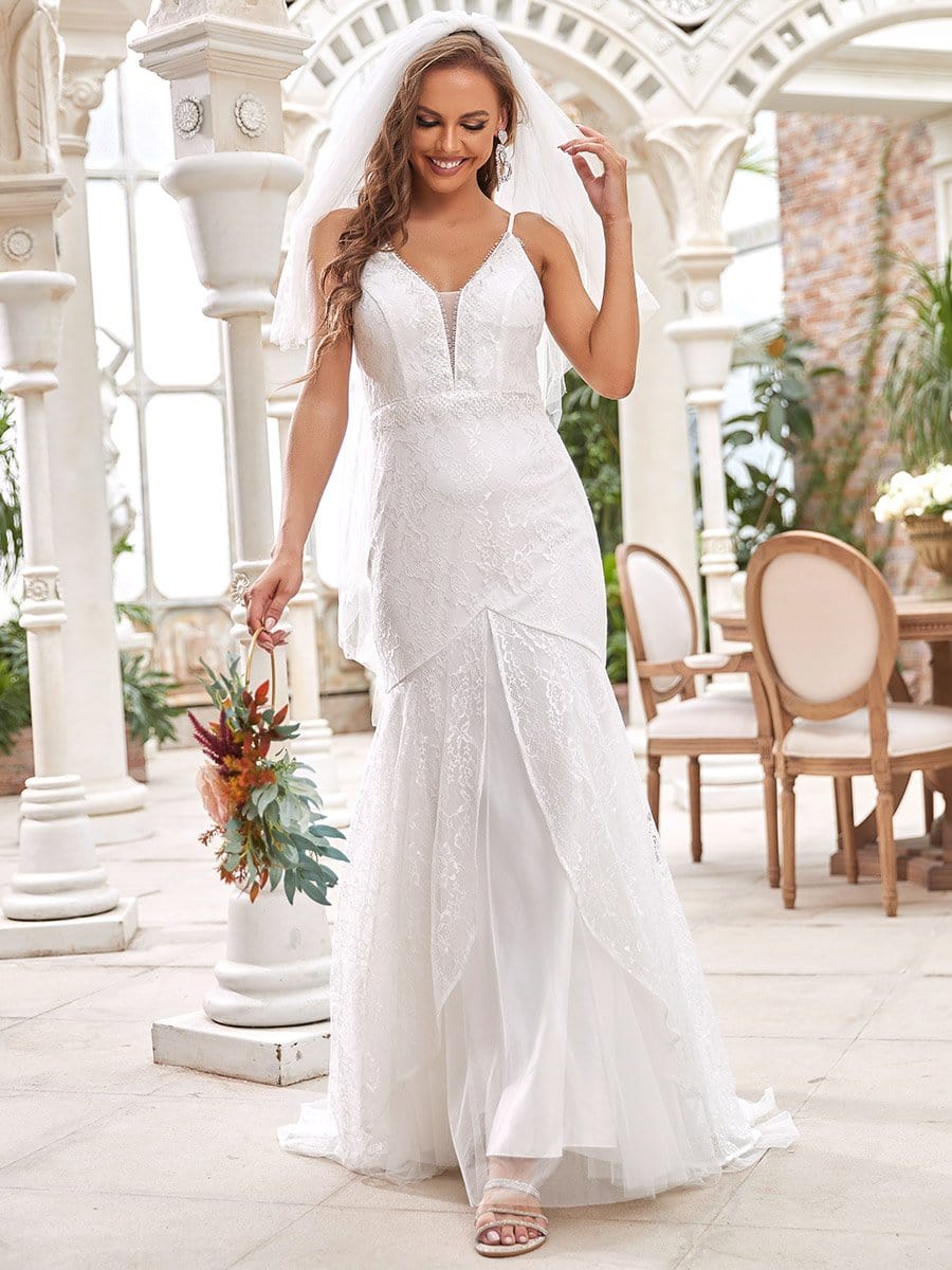 Color=Cream | Gorgeous Sleeveless V-Neck Mermaid Long Wedding Dress-Cream 1