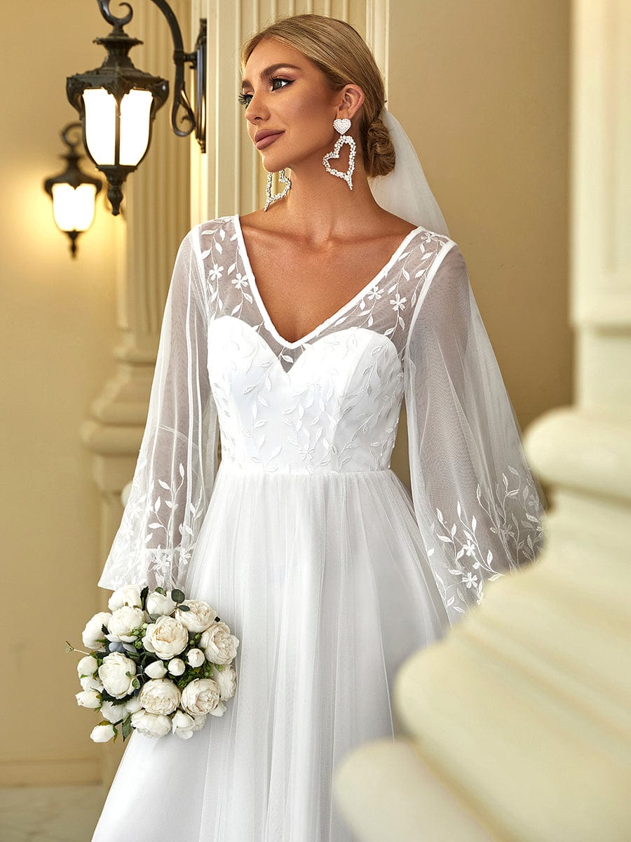 Sheer Long Sleeve Applique Floor Length Wedding Dress