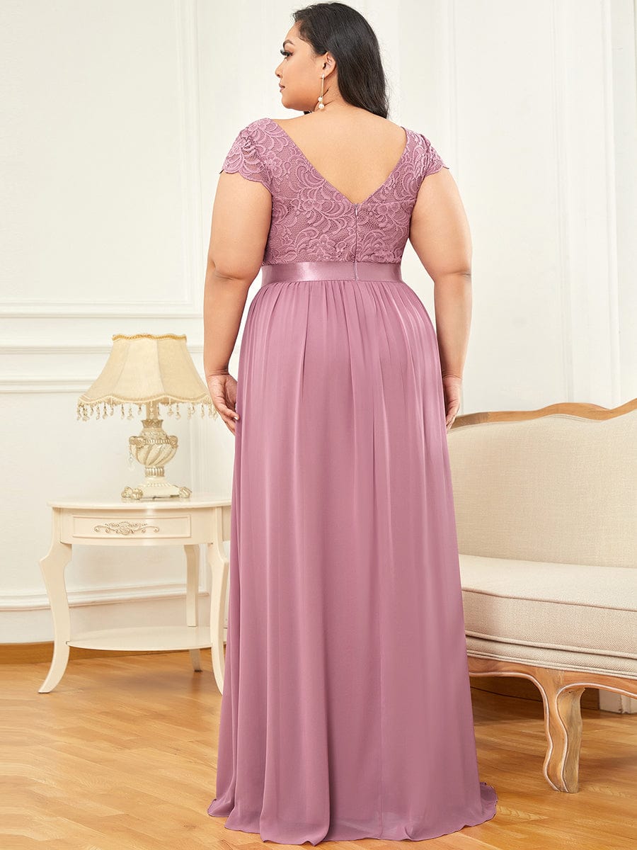 Plus Size Lace Short Sleeve Floor Length Mother of the Bride Dress