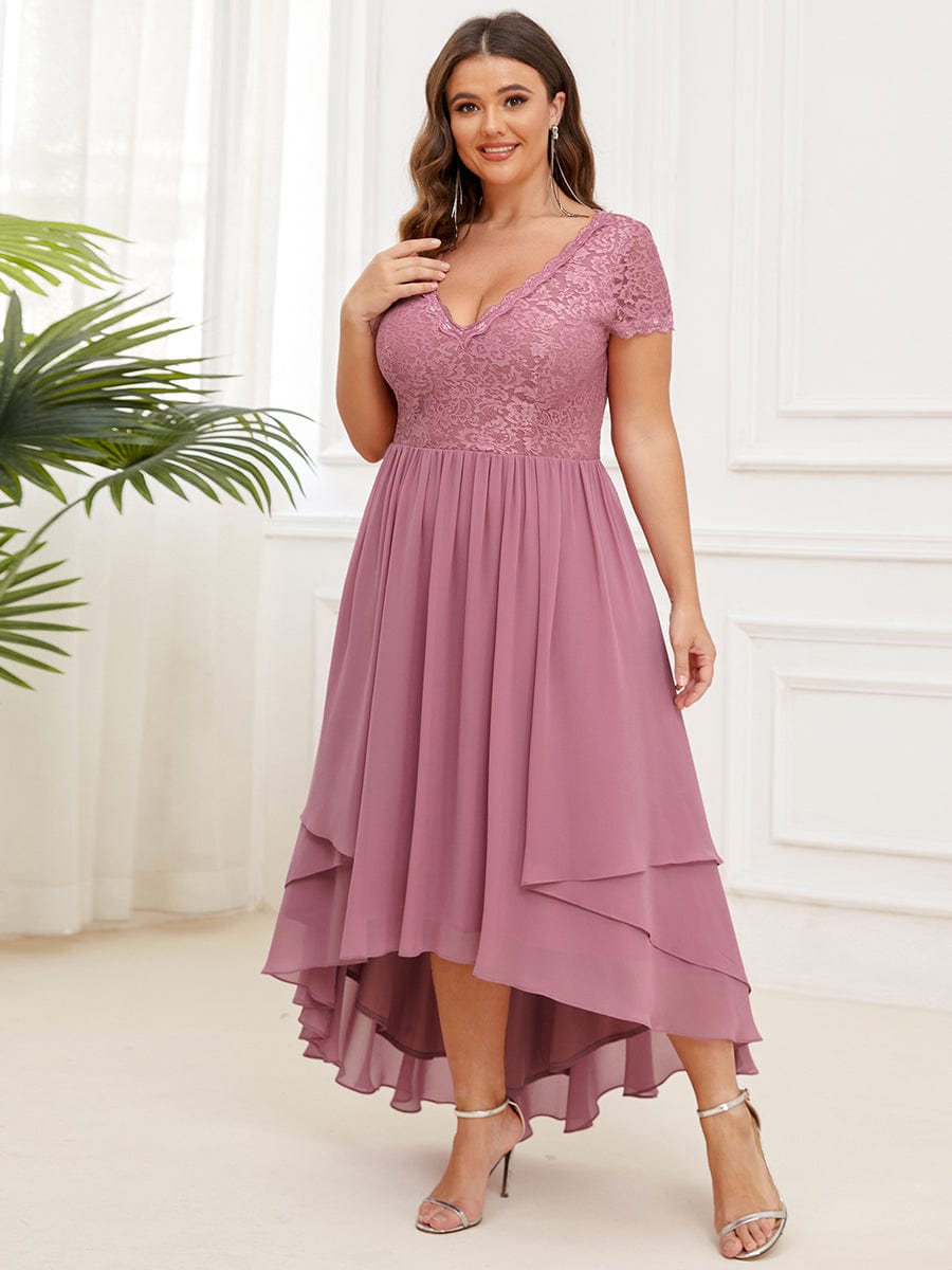 Plus Size Short Sleeve Vintage Ribbons High Low Mother of the Bride Gown