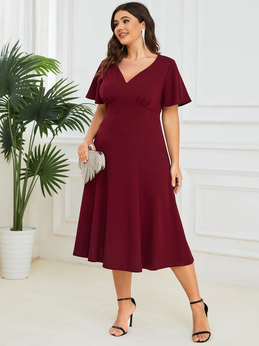 Short Flutter Sleeve V-Neck Mother of the Bride Midi Dress