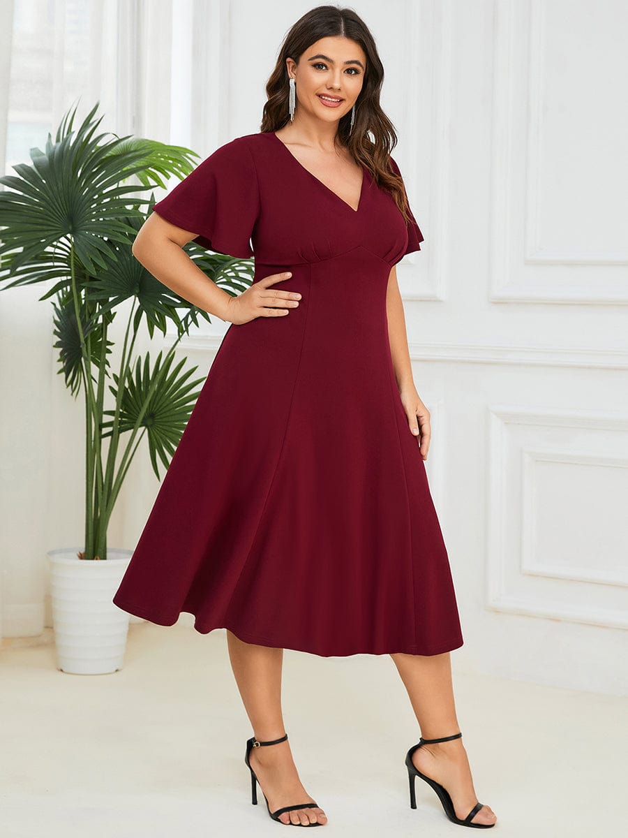 Short Flutter Sleeve V-Neck Mother of the Bride Midi Dress