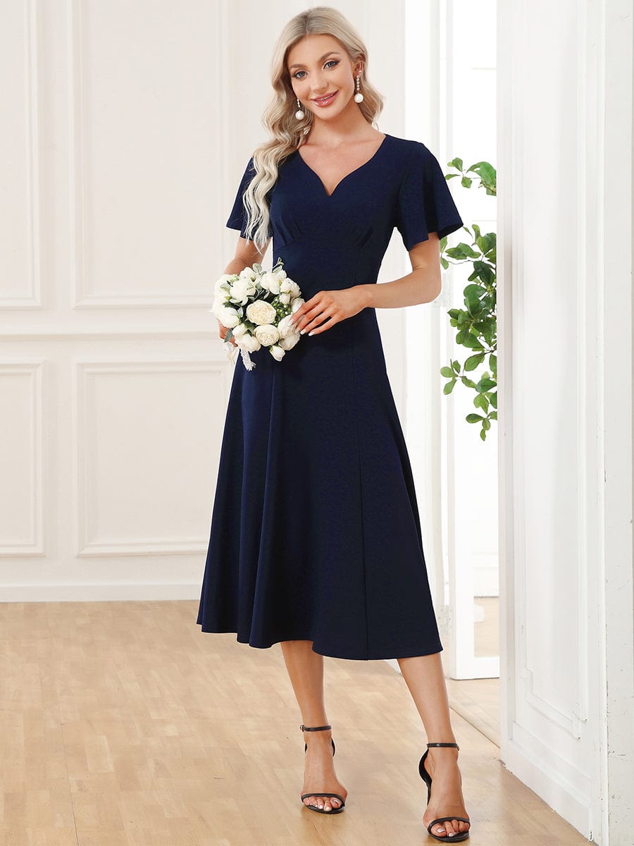 Short Flutter Sleeve V-Neck Mother of the Bride Midi Dress