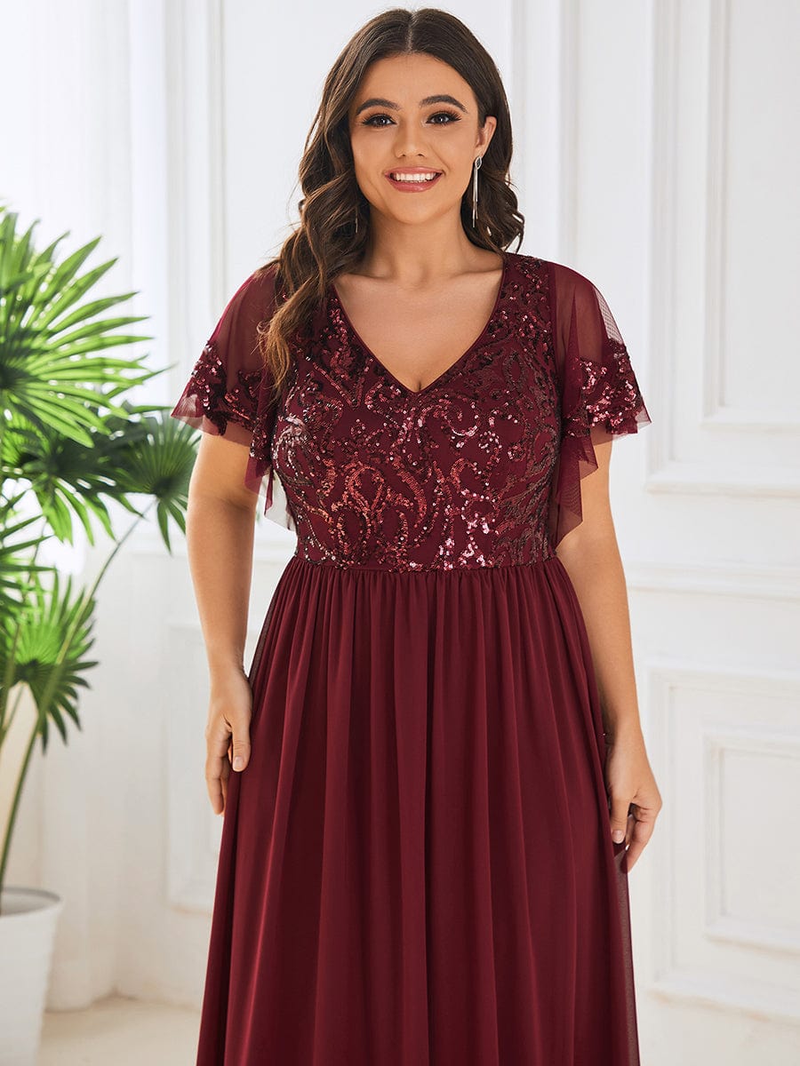 Short Sleeve V-Neck Sequin Chiffon A-Line Mother of the Bride Dress