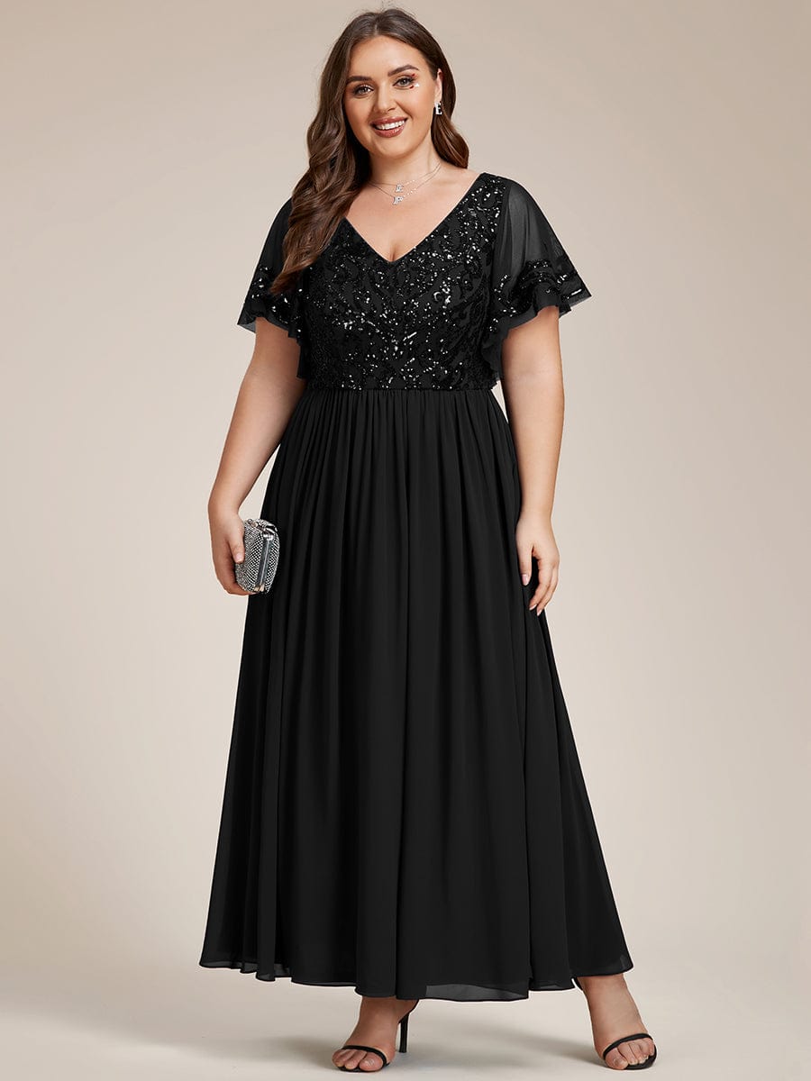 Short Sleeve V-Neck Sequin Chiffon A-Line Mother of the Bride Dress