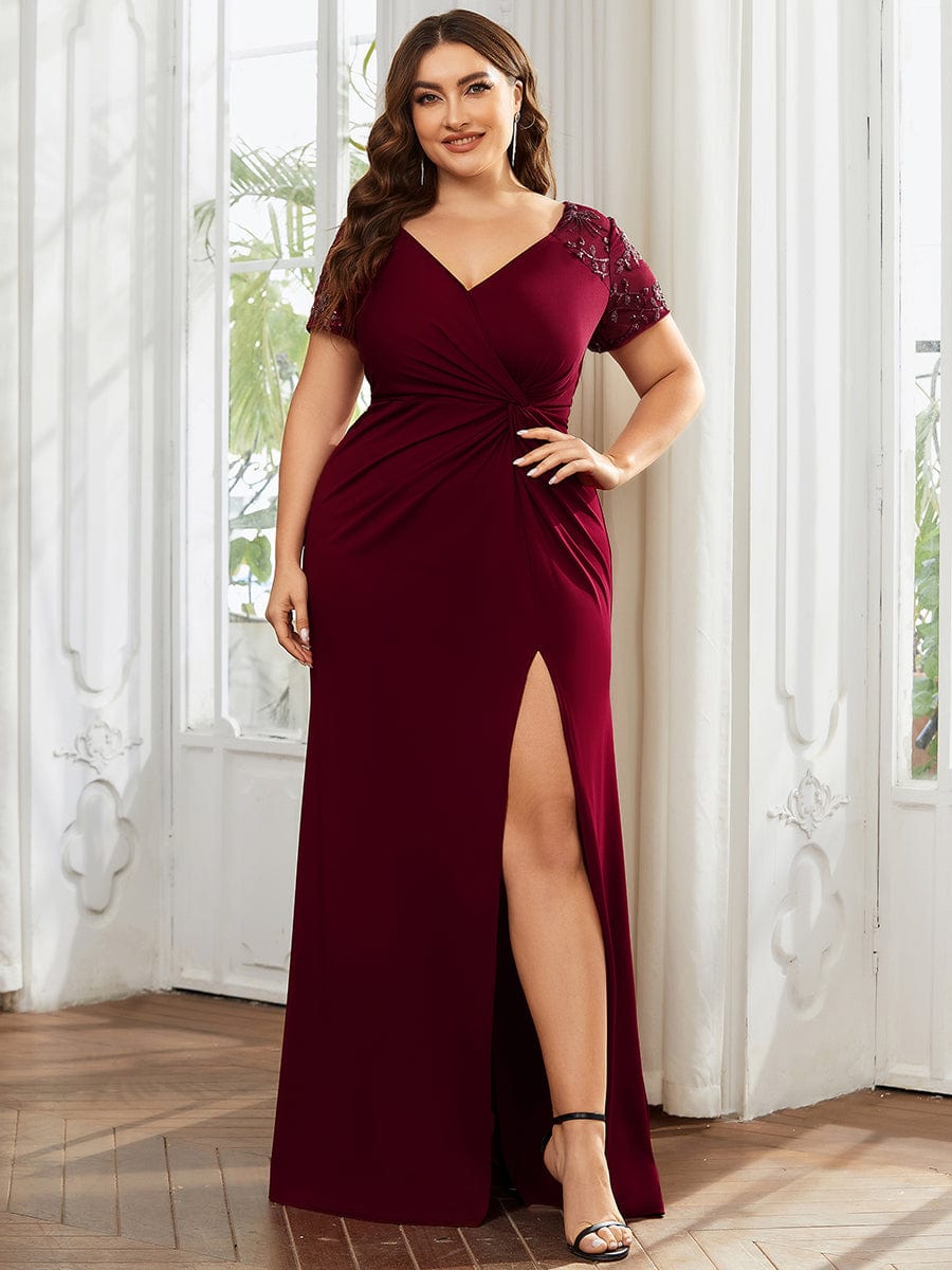 Plus Size Front Slit Short Sleeve With Sequin Mother of the Bride Dress