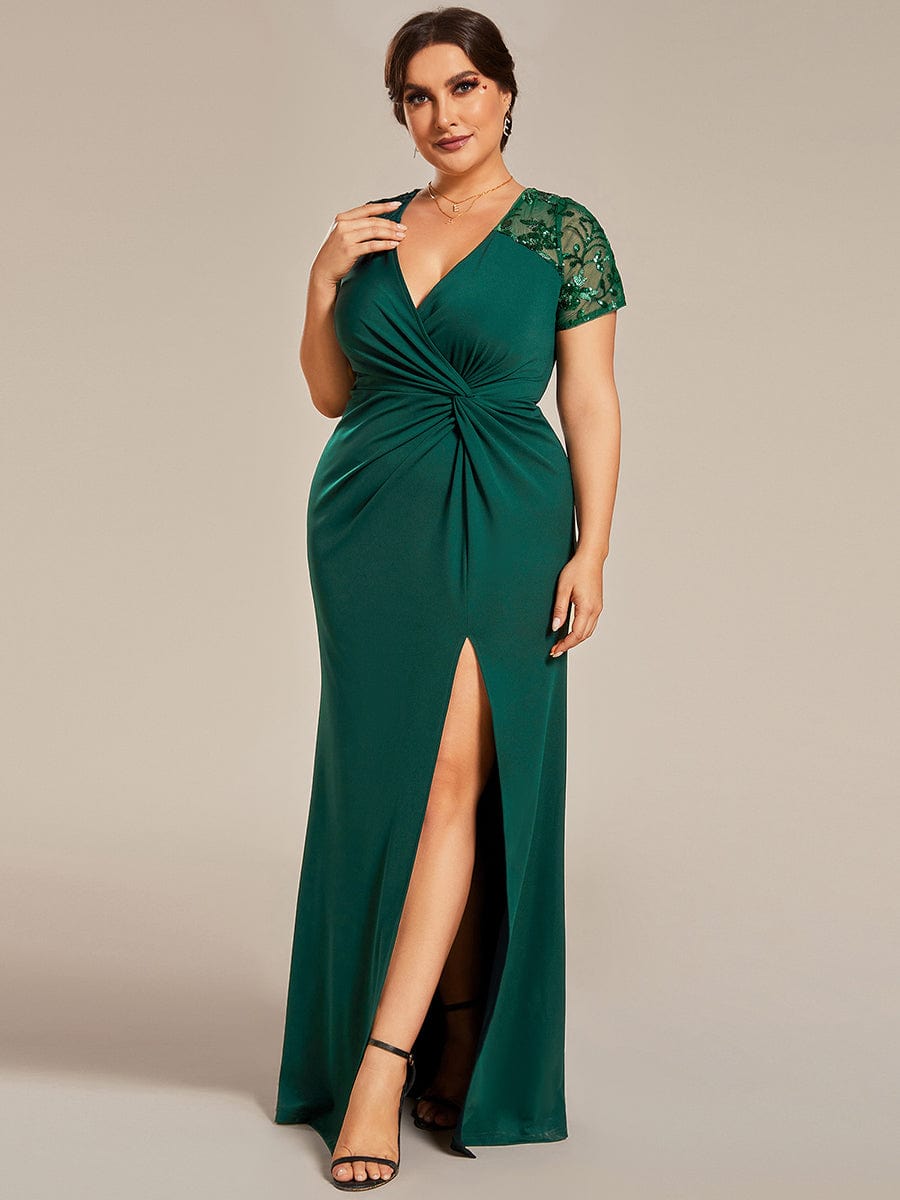 Short Sequin Sleeve V-Neck Front Slit Mother of the Bride Dress