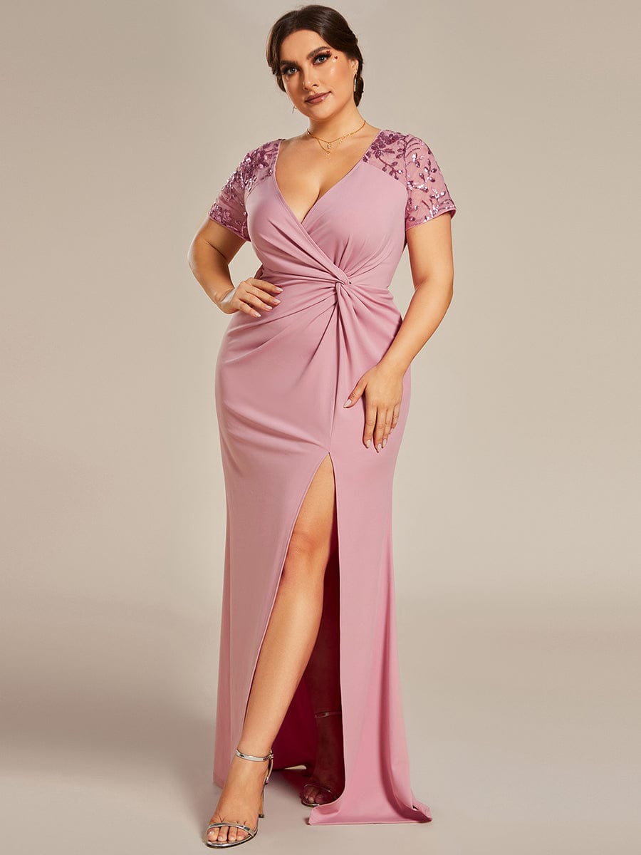 Short Sequin Sleeve V-Neck Front Slit Mother of the Bride Dress