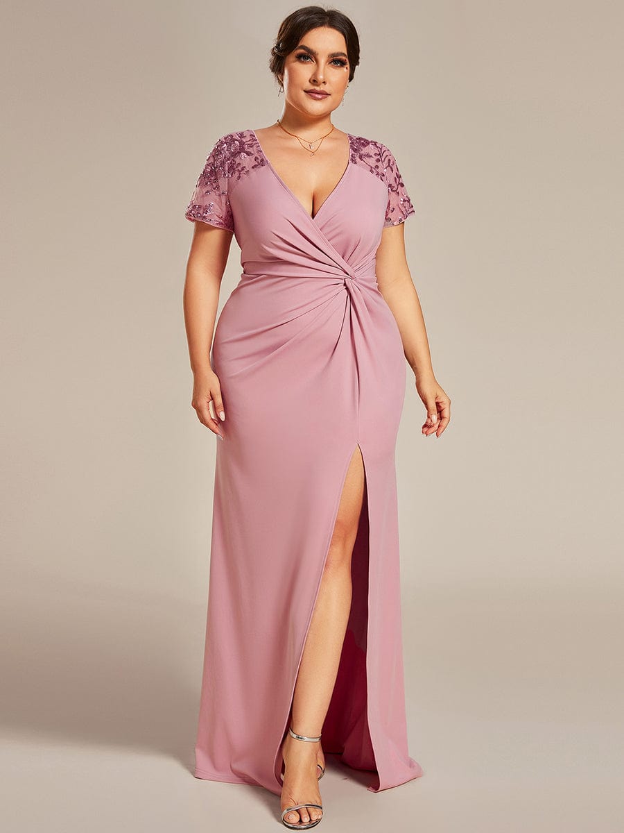 Short Sequin Sleeve V-Neck Front Slit Mother of the Bride Dress