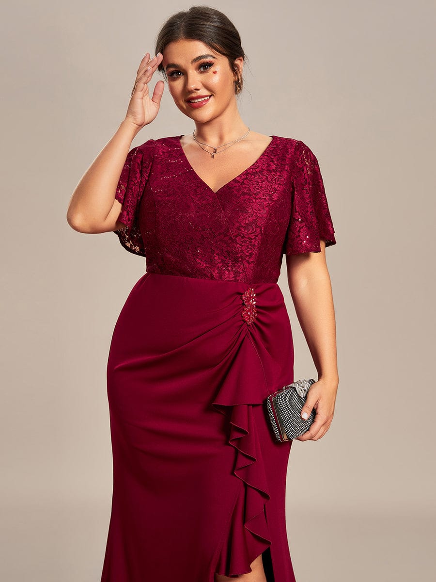 Plus Size Ruffles Sleeve Lace Top Mother of the Bride Dress